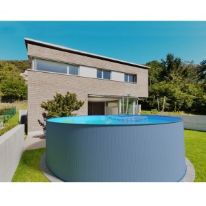 Runder Summer Fun Stahlwandpool, 300x120cm, anthrazit, mit blauer Folie im Garten.