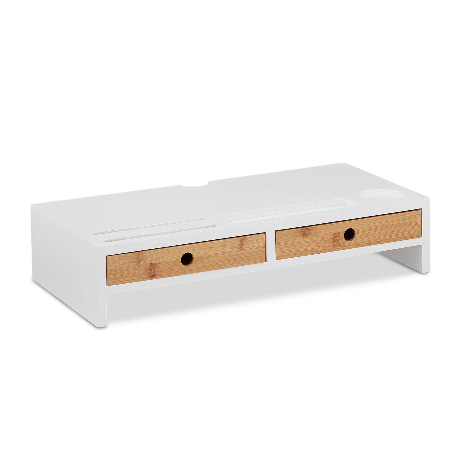 Relaxdays Monitorständer MDF Bambus Weiß Natur mit 2 Schubladen 12 cm x 56 cm x 27 cm 3,8 kg