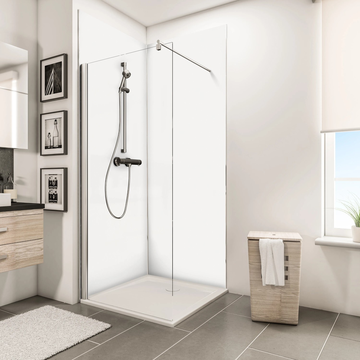 Schulte DecoDesign Duschrückwand Set Ecke, weiß, mit Profilen und Duscharmatur im Badezimmer.