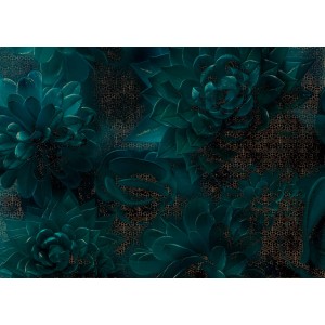 Komar Vliesfototapete Ombres, 350x250 cm, mit dunkelgrünen Sukkulenten und goldenem Muster.