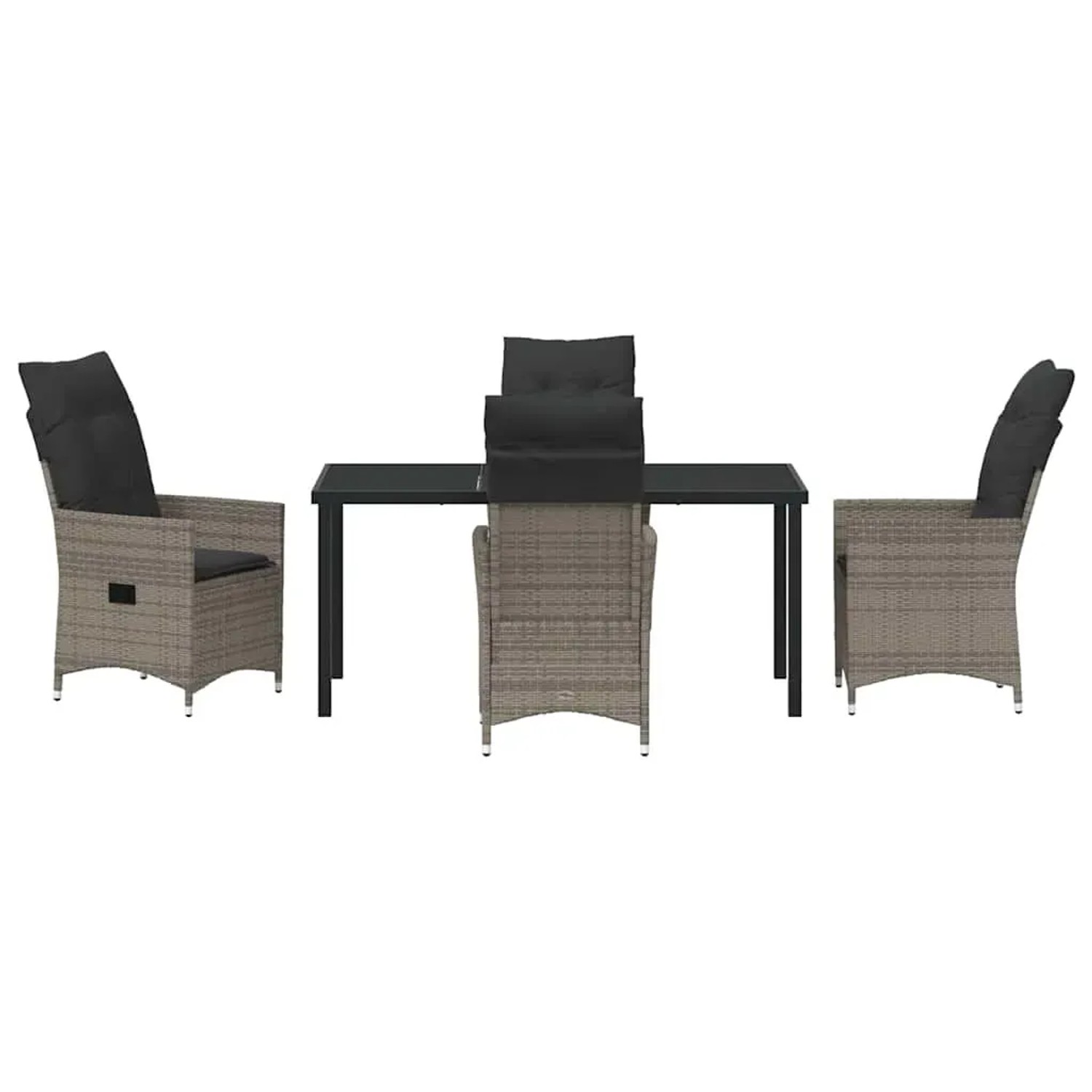 Graue 5-tlg. vidaXL Garten Essgruppe aus Polyrattan mit Tisch und Stühlen mit Kissen.