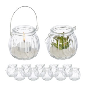 Relaxdays Windlicht 12er Set Glas Eisen Transparent Silber 13,5 cm x 8 cm