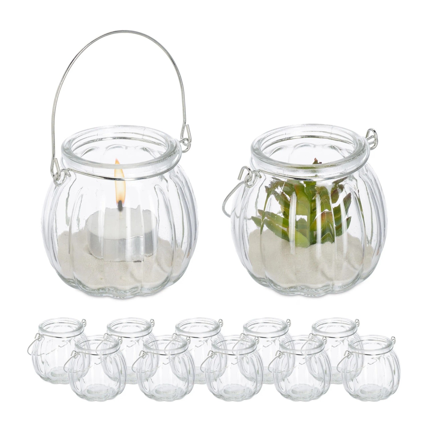 Relaxdays Windlicht 12er Set Glas Eisen Transparent Silber 13,5 cm x 8 cm