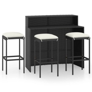 vidaXL Gartenbar-Set, 4-teilig, schwarz, mit Bar und 3 Hockern mit cremeweißen Kissen.
