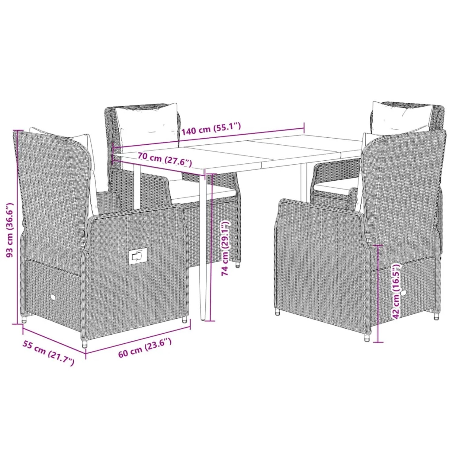 5-tlg. Garten Essgruppe mit beigen Polyrattan Stühlen und schwarzem Tisch, inklusive Kissen.
