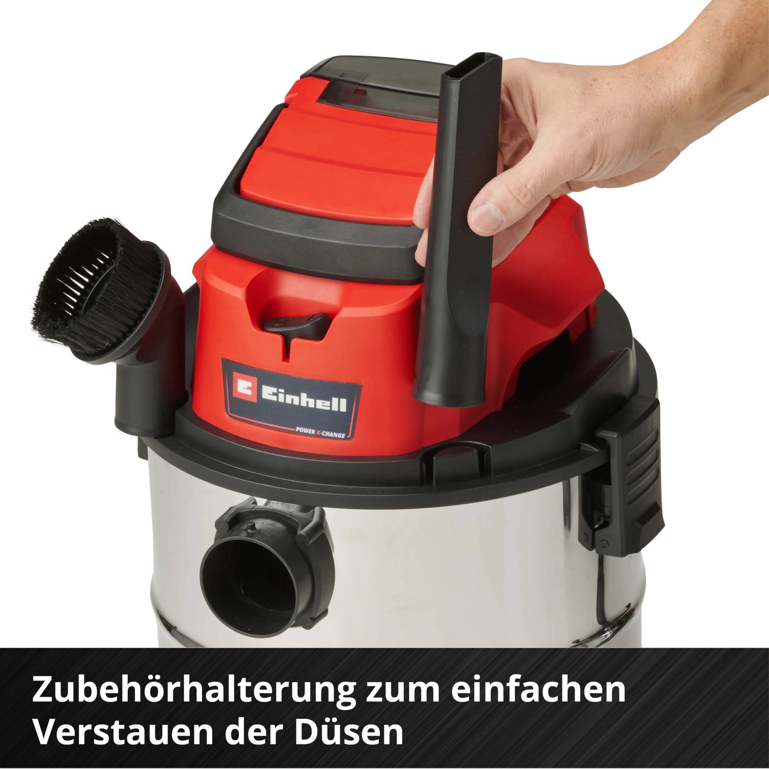 Einhell Akku-Nass-Trockensauger TC-VC 18/20 Li Solo mit Zubehörhalterung.