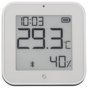 Weißer Shelly BLU H&T Sensor mit Display zur Temperatur- und Feuchtigkeitsmessung.