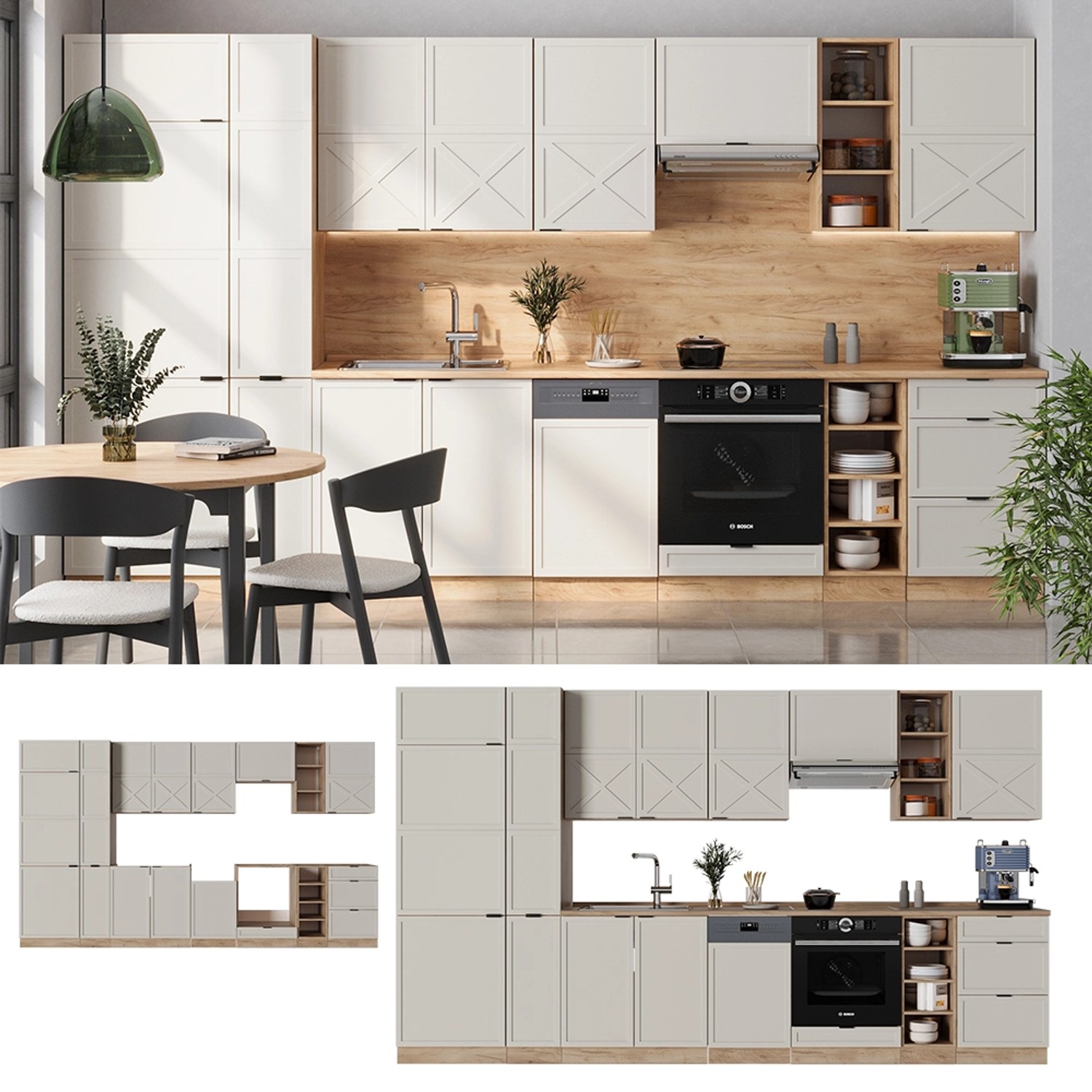 Moderne Vicco Fame-Line Küchenzeile in GrauBeige/Goldkraft Eiche, 355 cm breit, ohne Arbeitsplatte.