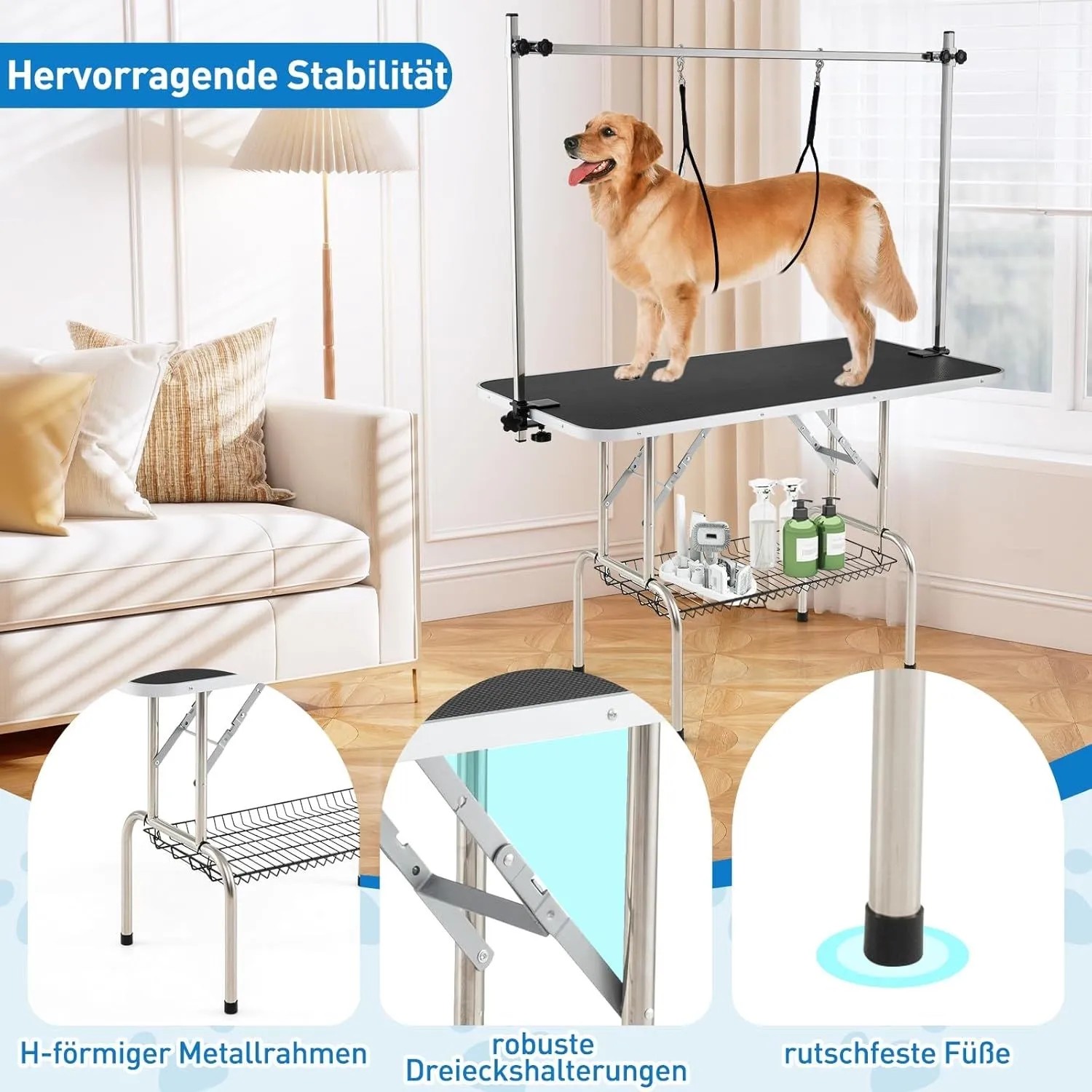 Costway klappbarer Hundepflegetisch mit Netzkorb und Golden Retriever Hund.