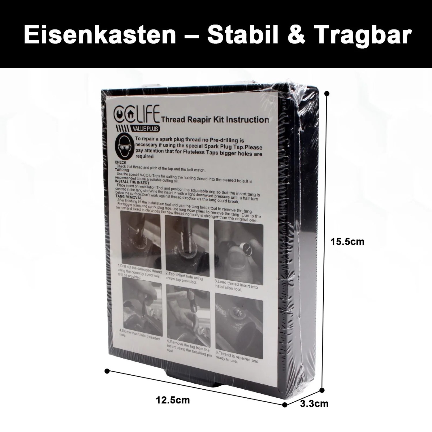 Schwarzer CCLIFE Gewindereparatur Satz M5-M14 in stabiler Metallbox, verpackt. Maße: 15.5x12.5x3.3cm.