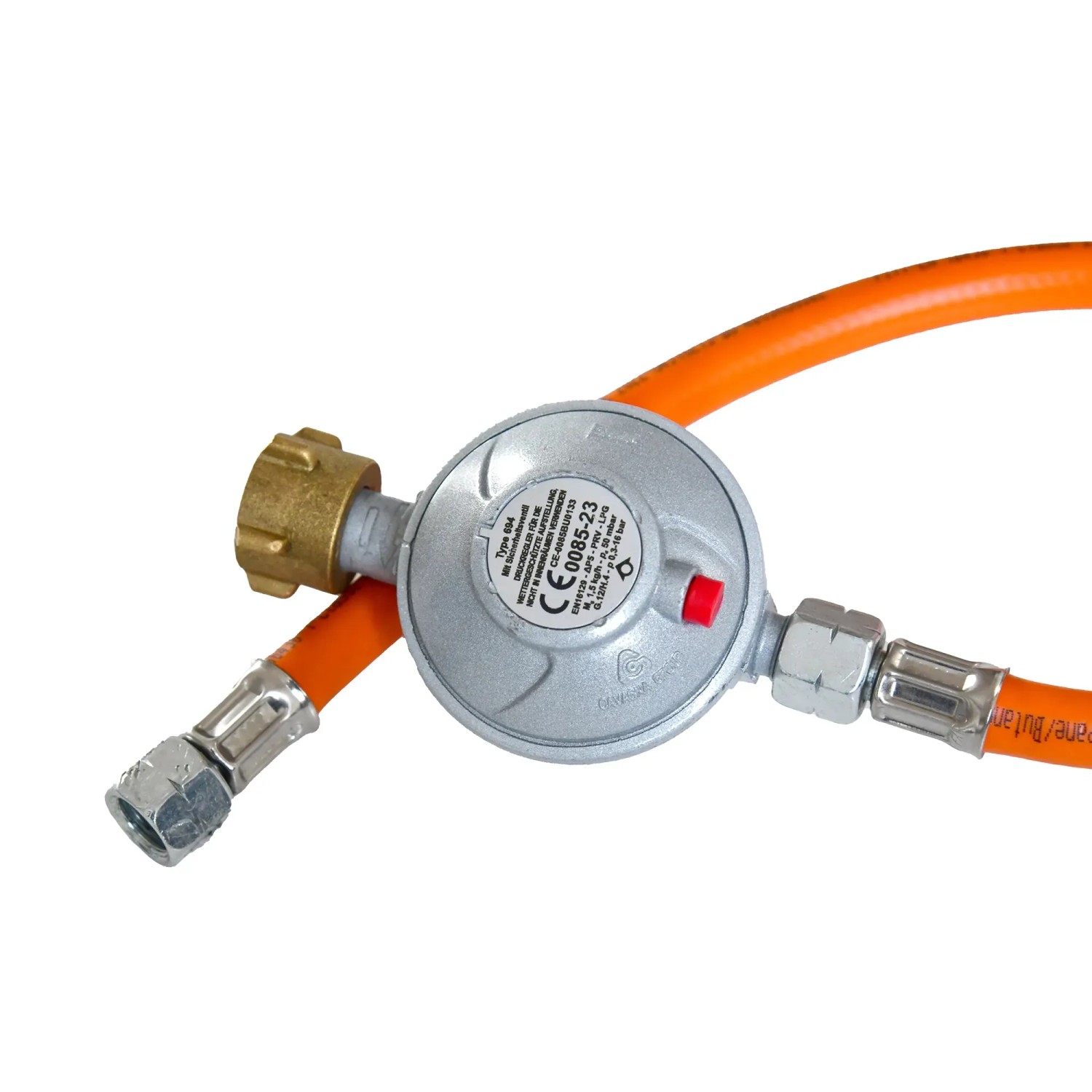Detailaufnahme: Druckregler für Firefix Gas-Heizofen, orangefarbener Gasschlauch.