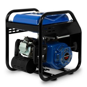 EBERTH 3200W Inverter Stromerzeuger mit blauem Gehäuse und schwarzem Rahmen. Leiser 7 PS Benzinmotor.