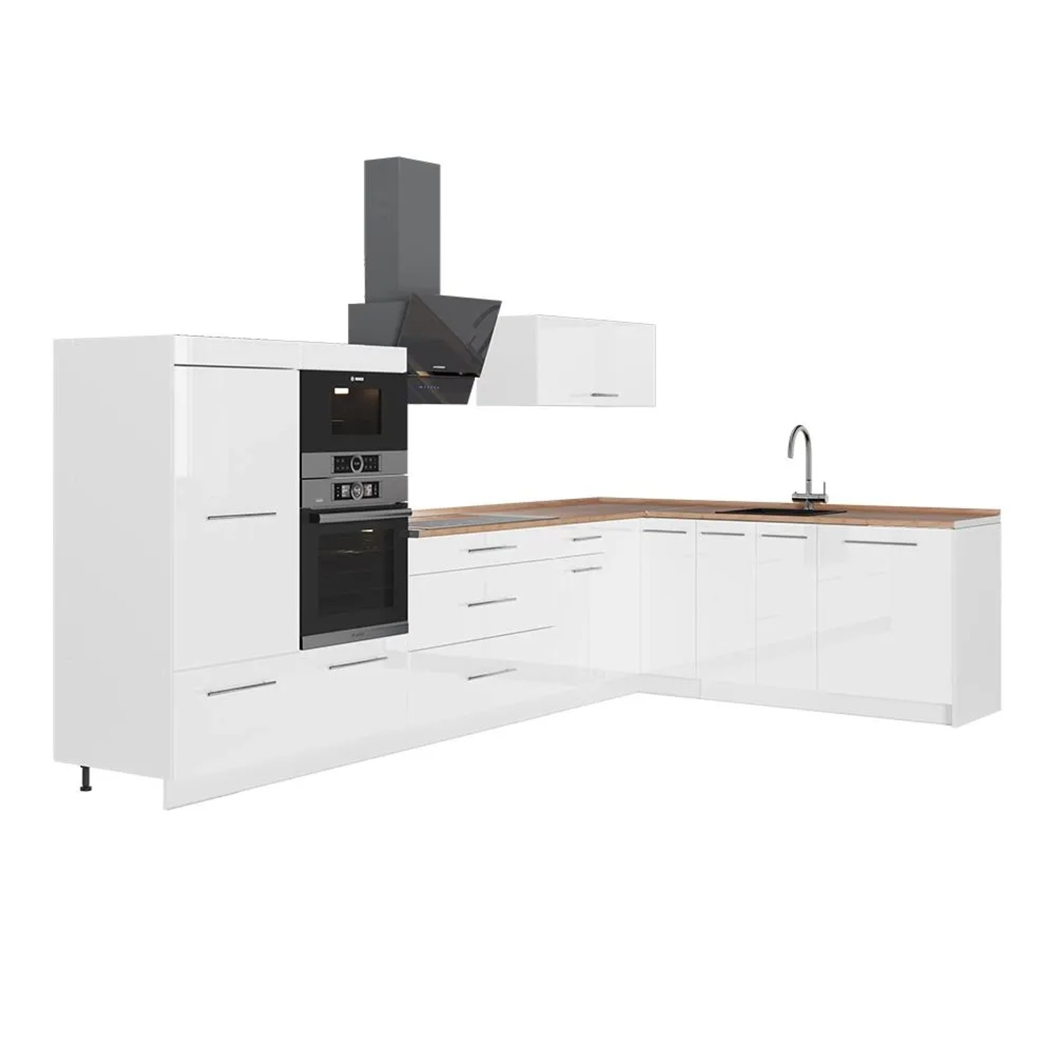 Vicco Eckküche Fame-Line Weiß Hochglanz/Weiß 347 x 154 AP Eiche Art Nr 63646