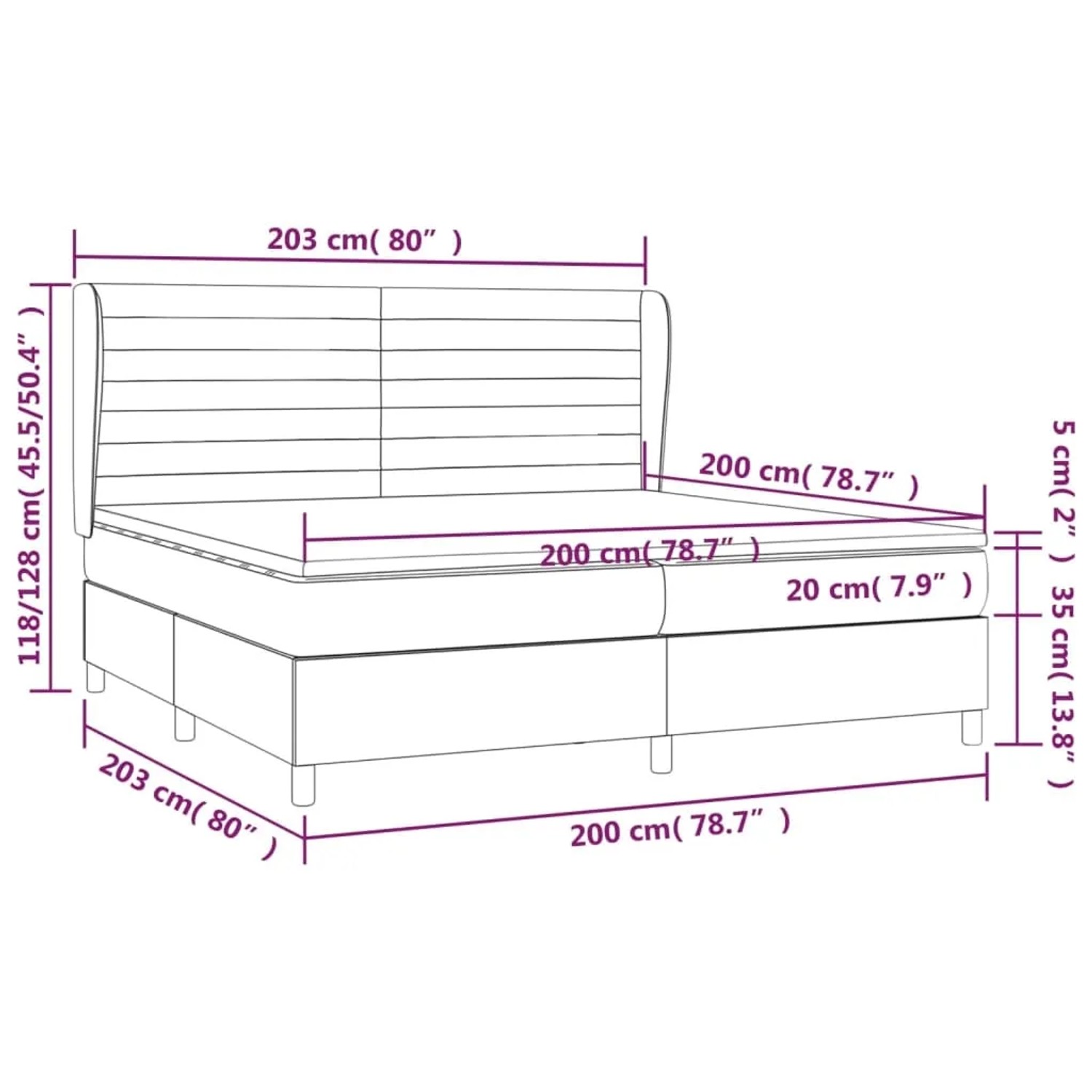 vidaXL Boxspringbett Creme 200x200 cm mit Maßen. Bettgestell, Matratze und Kopfteil sind dargestellt.