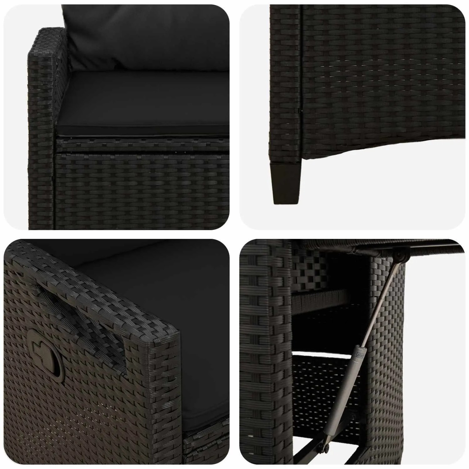 Detailansicht: Schwarzer, verstellbarer vidaXL Gartenstuhl aus Poly-Rattan mit Klapptisch.