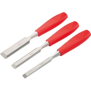 Ellix Stechbeitelsatz, 3-teilig mit Kunststoffgriffen in Rot, Größen 12, 18 und 24 mm.