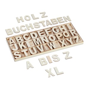 Relaxdays Holzbuchstaben Set Kiefernholz Natur mit Sortierkasten 5,5 cm 41 cm x 18 cm x 2 cm 0,33 kg