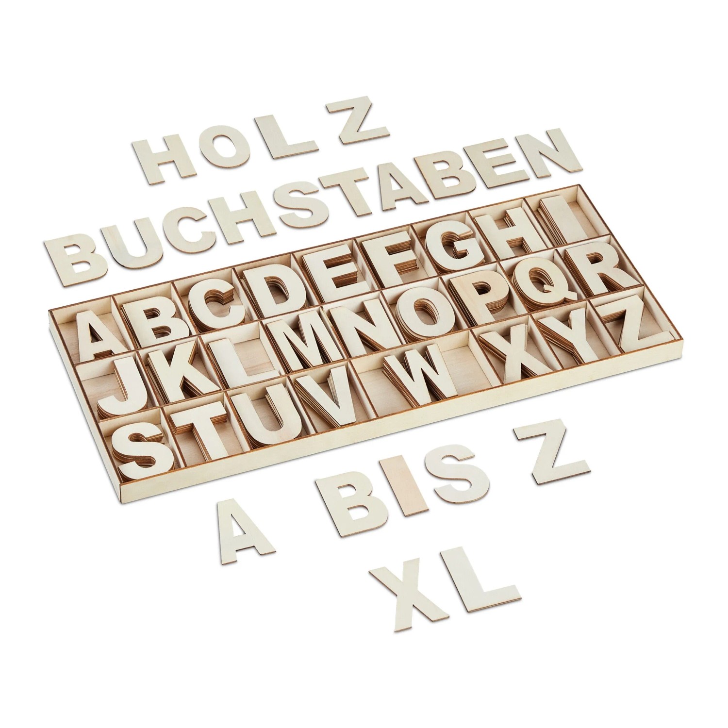 Relaxdays Holzbuchstaben Set Kiefernholz Natur mit Sortierkasten 5,5 cm 41 cm x 18 cm x 2 cm 0,33 kg