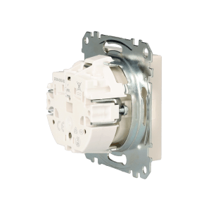 Merten Steckdoseneinsatz System M, polarweiß, Detailansicht der Rückseite mit Metallrahmen.