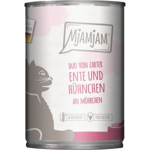 MjAMjAM Katzen-Nassfutter Duo Ente & Huhn mit Möhrchen, getreidefrei im 400g Napf.
