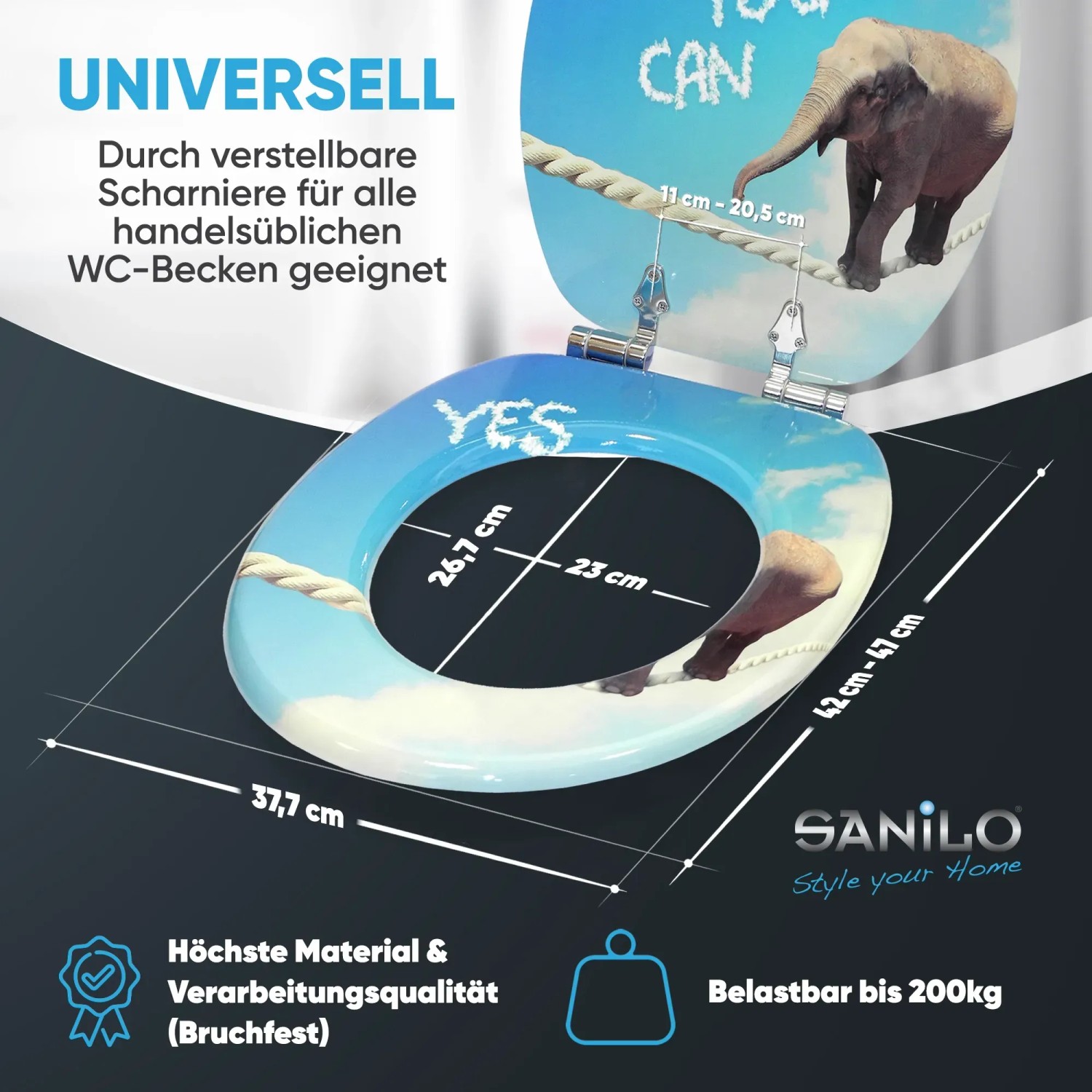 Sanilo WC-Sitz mit Elefanten-Motiv und Absenkautomatik. Hochwertiger Toilettendeckel aus Holz.