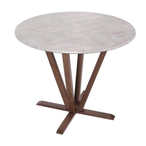 Runder Bistrotisch mit Beton-Optik HPL-Tischplatte und braunem Massivholz-Gestell. Gartentisch.