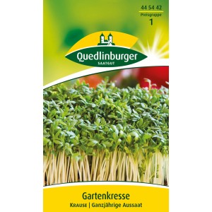 Samenpackung Quedlinburger Gartenkresse 'krause' mit frischer, grüner Kresse.