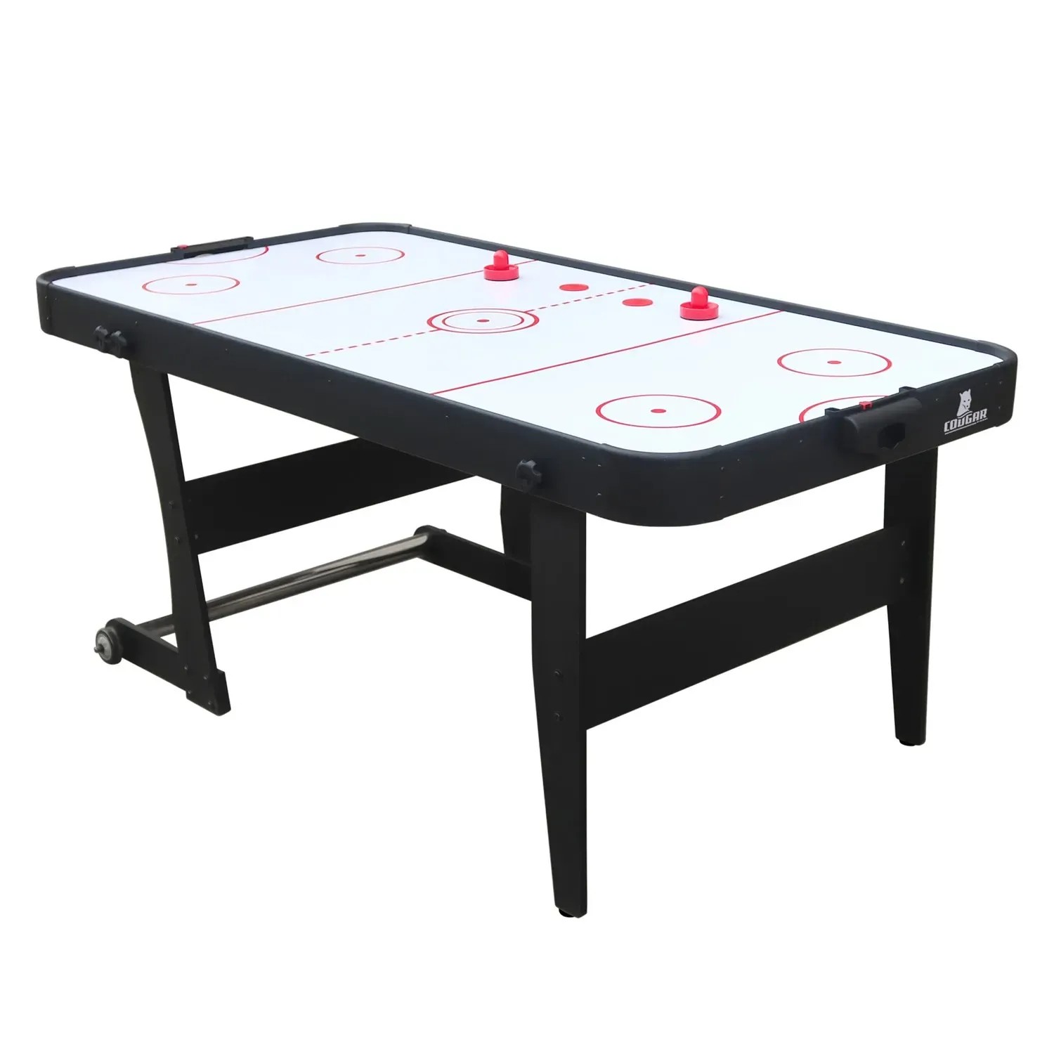 Schwarzer, faltbarer Cougar Airhockey Tisch Icing XL mit zwei roten Pucks auf weißem Spielfeld.
