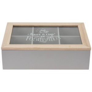 Teebox aus Holz mit 6 Fächern und Glasdeckel mit Aufdruck. Dekorative Aufbewahrung für Tee.
