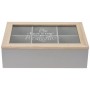 Teebox aus Holz mit 6 Fächern und Glasdeckel mit Aufdruck. Dekorative Aufbewahrung für Tee.