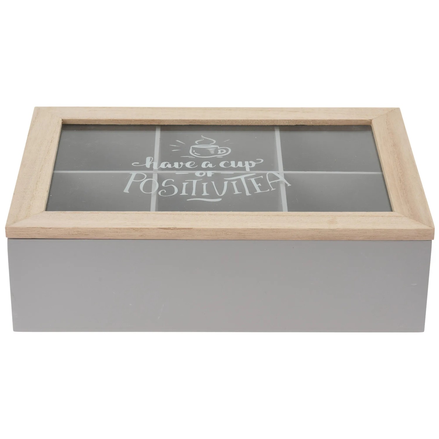 Teebox aus Holz mit 6 Fächern und Glasdeckel mit Aufdruck. Dekorative Aufbewahrung für Tee.