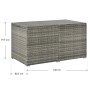 Grau melierte Polyrattan Auflagenbox Ikaria mit Innenplane und Maßangaben für Gartenmöbel.