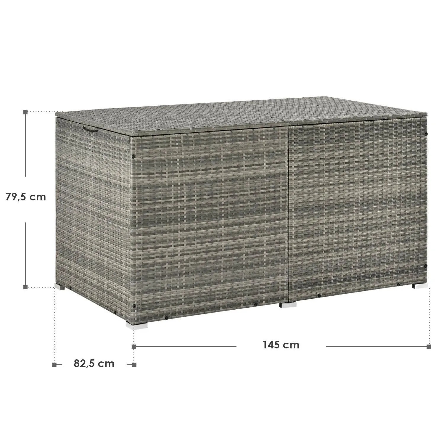Grau melierte Polyrattan Auflagenbox Ikaria mit Innenplane und Maßangaben für Gartenmöbel.