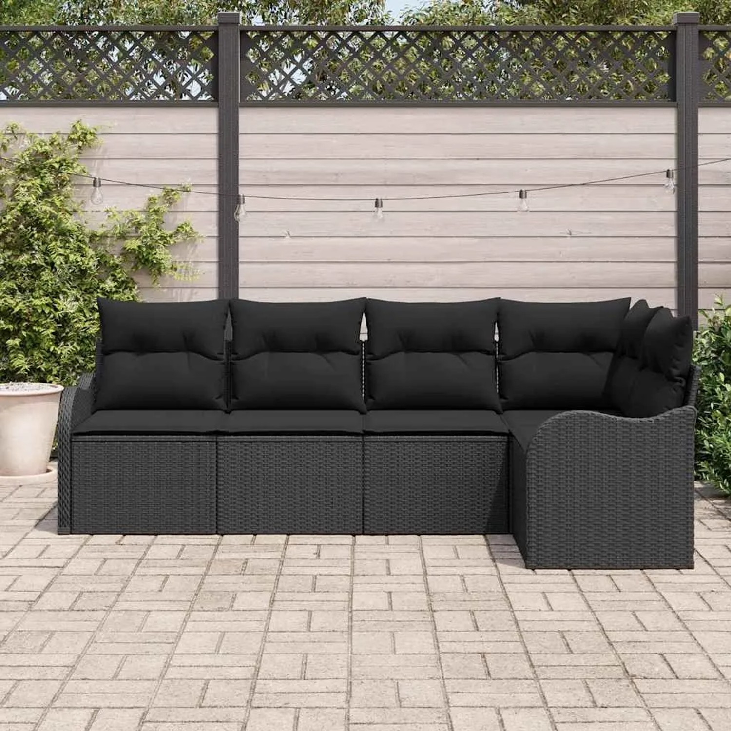 Schwarzes 5-teiliges Garten-Sofa-Set aus Poly Rattan mit Kissen von vidaXL. Modulares Lounge-Set für Terrasse und Garten.