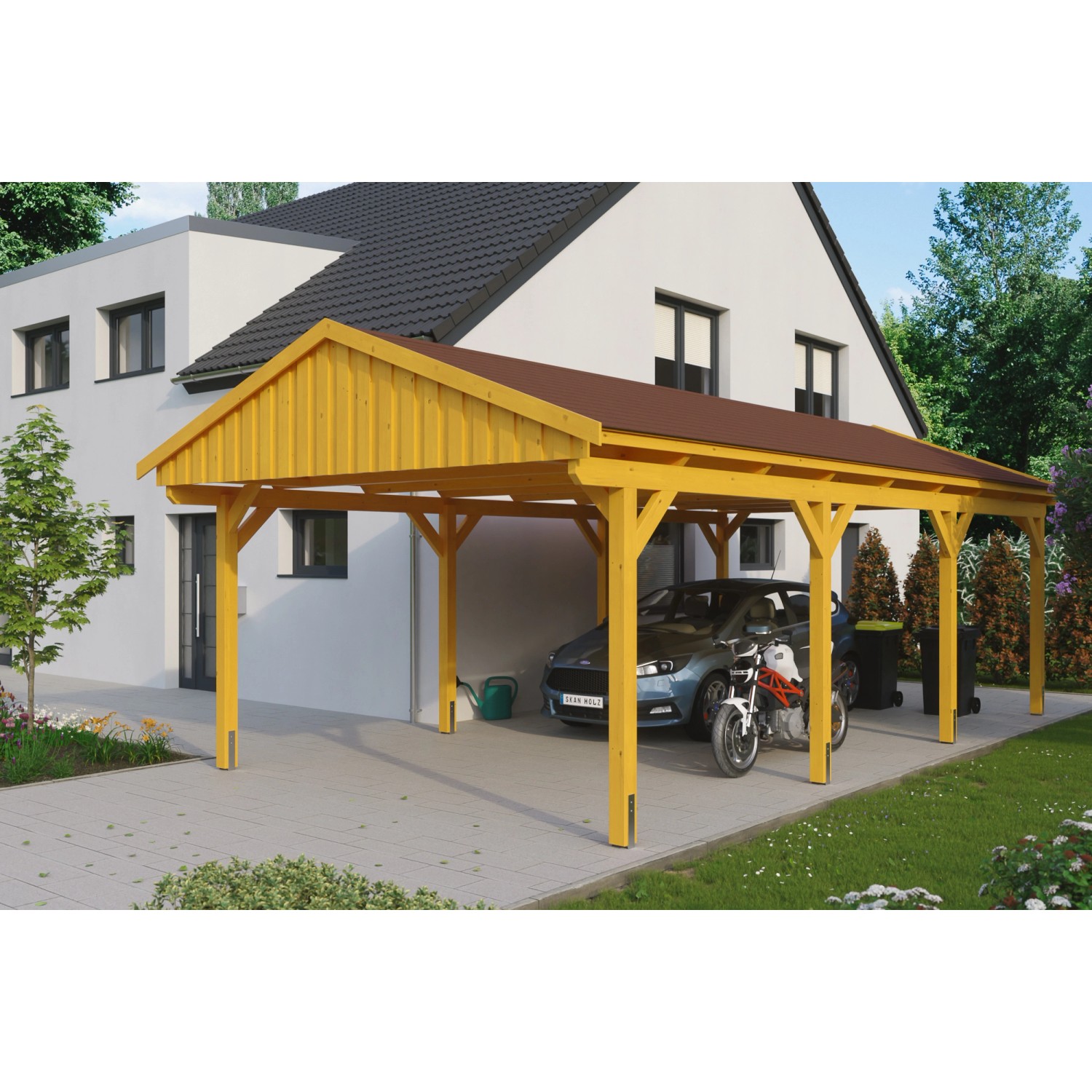 Skan Holz Carport Fichtelberg 423 cm x 808 cm Rote Schindeln Eiche Hell