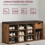 Vasagle Schuhbank in Vintagebraun mit Schublade und gepolsterter Sitzfläche, gefüllt mit Schuhen.