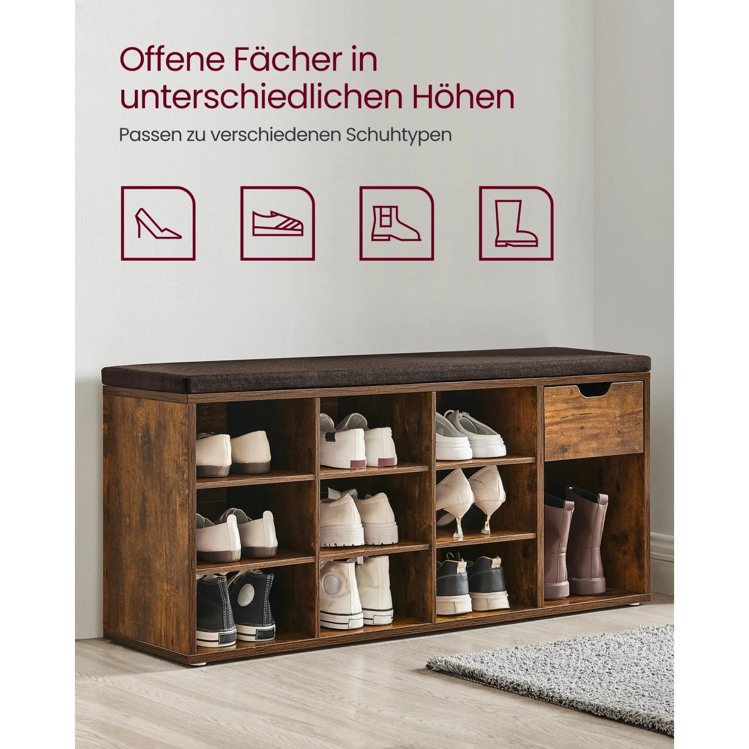 Vasagle Schuhbank in Vintagebraun mit Schublade und gepolsterter Sitzfläche, gefüllt mit Schuhen.