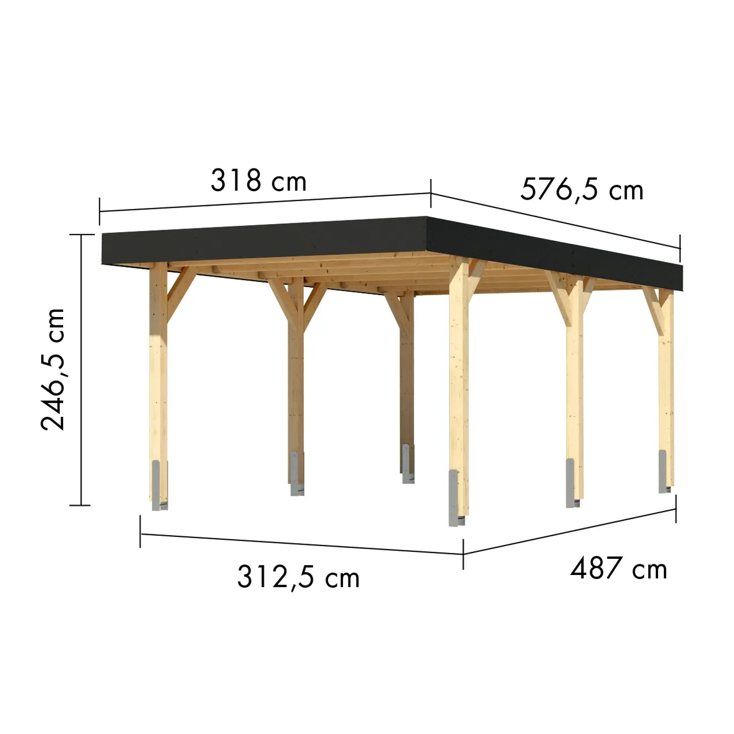 Karibu Einzelcarport aus Leimholz, naturbelassen, mit Maßangaben. Ideal als Unterstand für Ihr Fahrzeug.