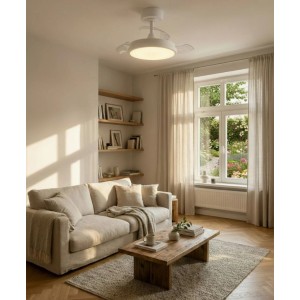 Weißer Eglo LED-Deckenventilator Malpica (Ø 63 cm) mit transparenten Flügeln und Lichtfunktion in modernem Wohnzimmer.