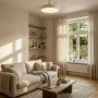 Weißer Eglo LED-Deckenventilator Malpica (Ø 63 cm) mit transparenten Flügeln und Lichtfunktion in modernem Wohnzimmer.