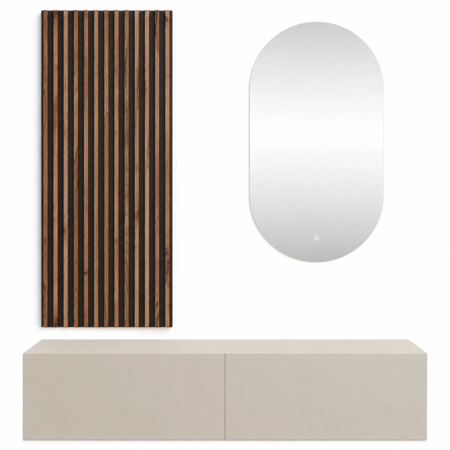 Planetmöbel Flurgarderobe Set 140 cm Kaschmir mit Wandpaneel und LED Spiegel Dimmbar