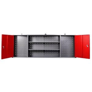 Ondis24 Werkstattschrank Konny, 160 cm, rot, mit offenen und verschließbaren Fächern.