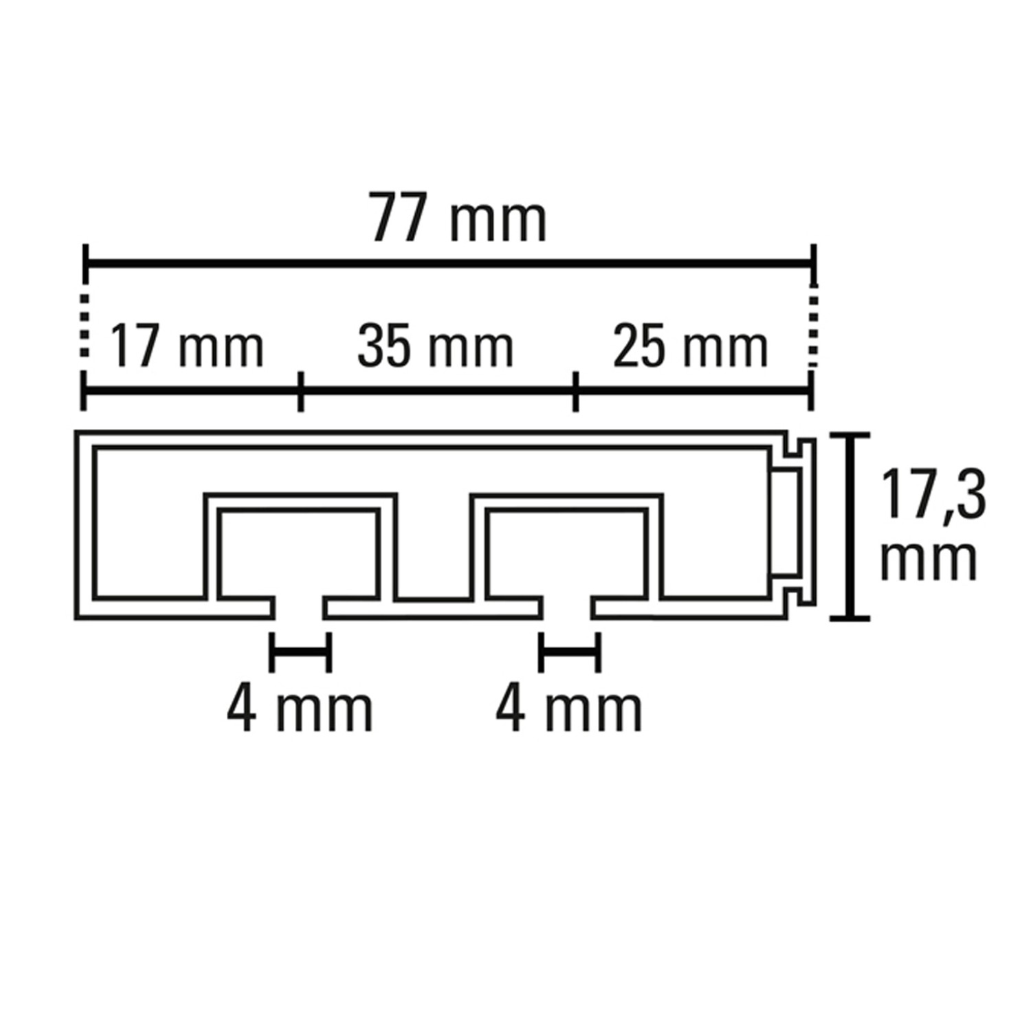 Querschnitt Gardinia Vorhangschiene GE2, 2-läufig, weiß, mit Maßangaben.