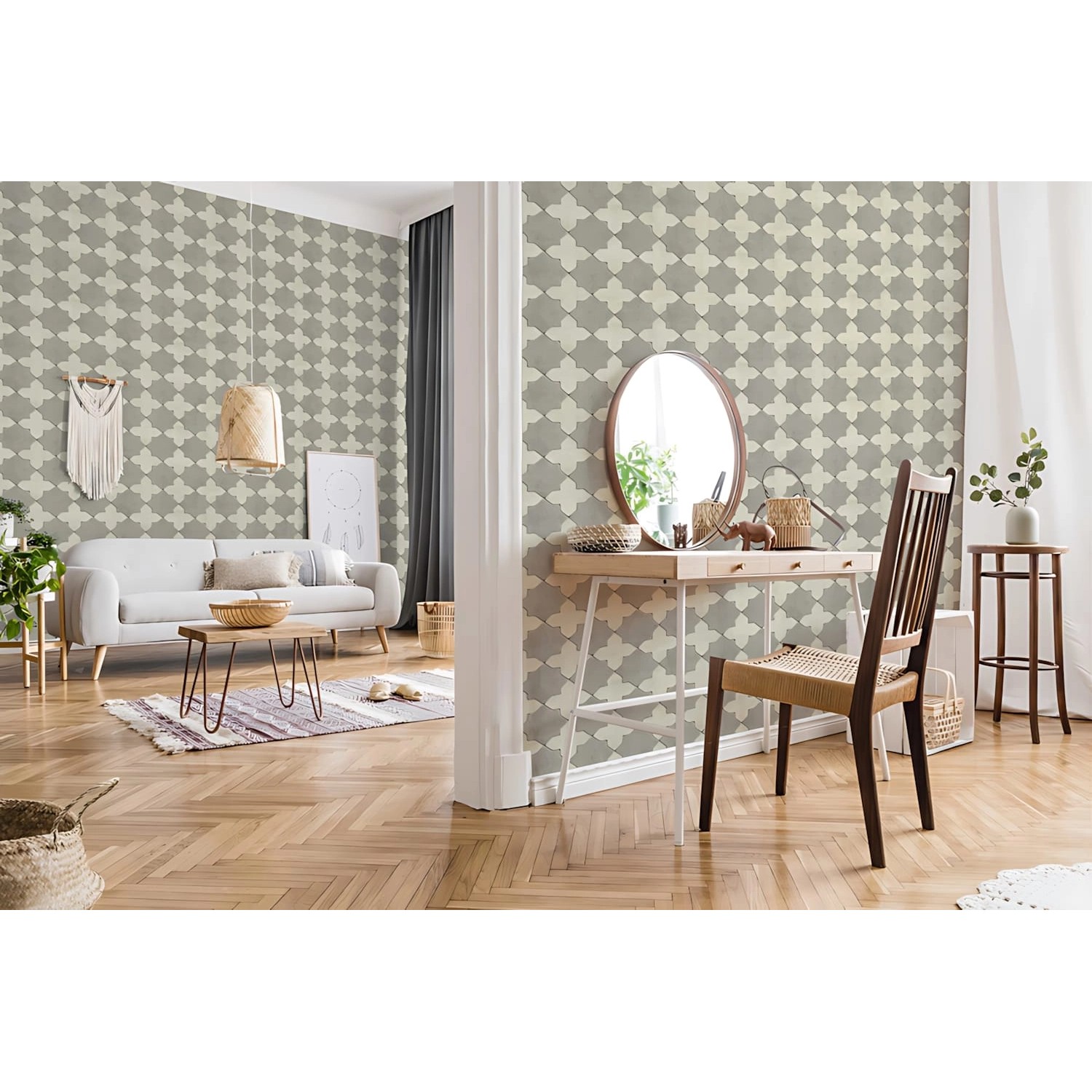 PROFHOME Grafik Tapete, geometrisches Muster in Grau und Creme im Wohnraum.