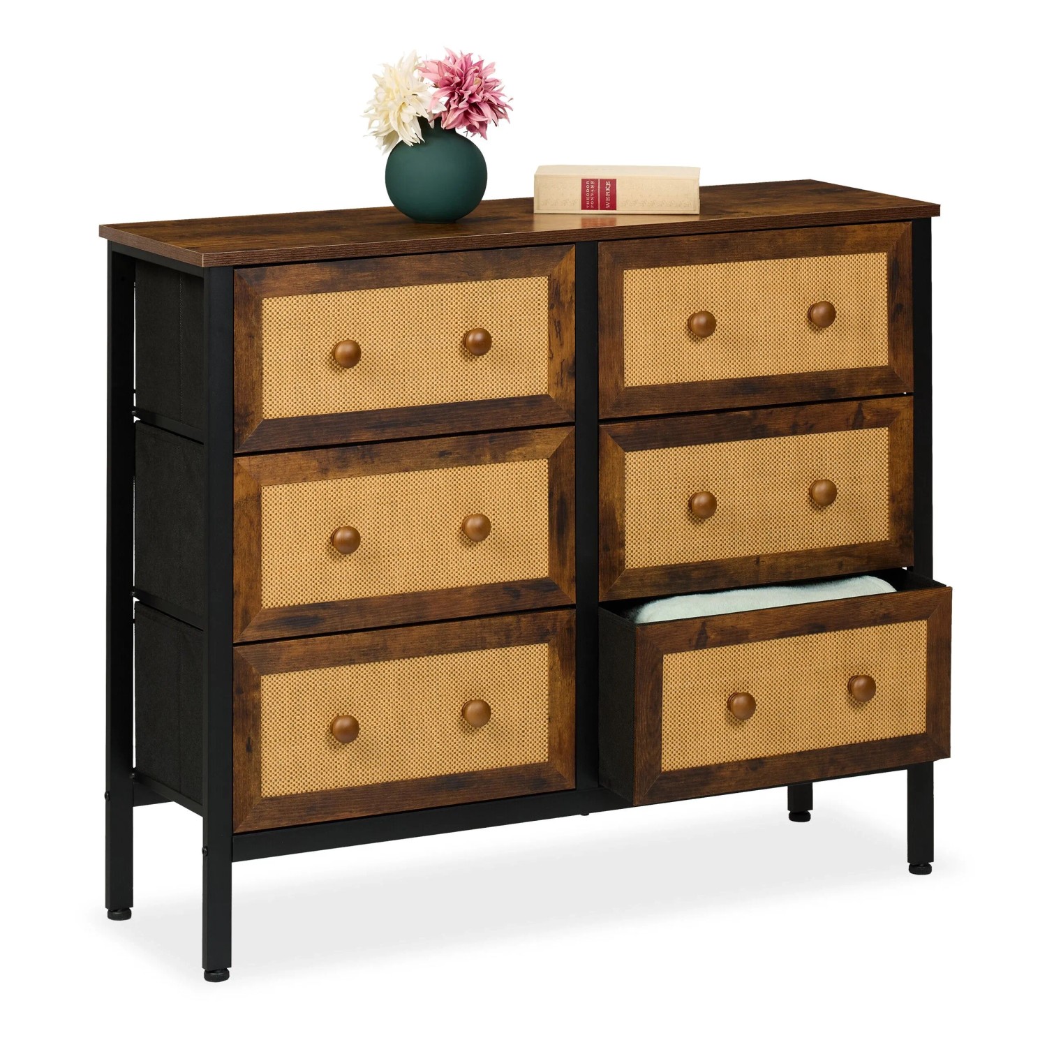 Relaxdays Kommode MDF Eisen Braun Schwarz 6 Schubladen Rattan Optik 83 cm x 100 cm x 32 cm 13,9 kg