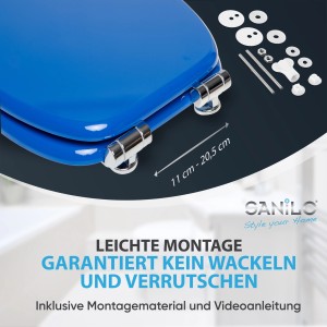 Blauer Sanilo WC-Sitz mit Absenkautomatik, Holz, inklusive Montagematerial.