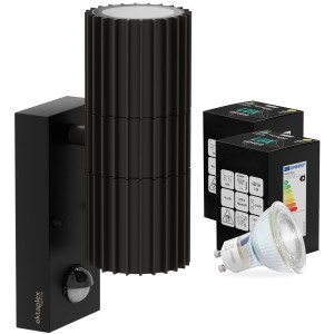 Schwarze Oktaplex Para Außenlampe mit Bewegungsmelder und GU10 Leuchtmittel, warmweiß.