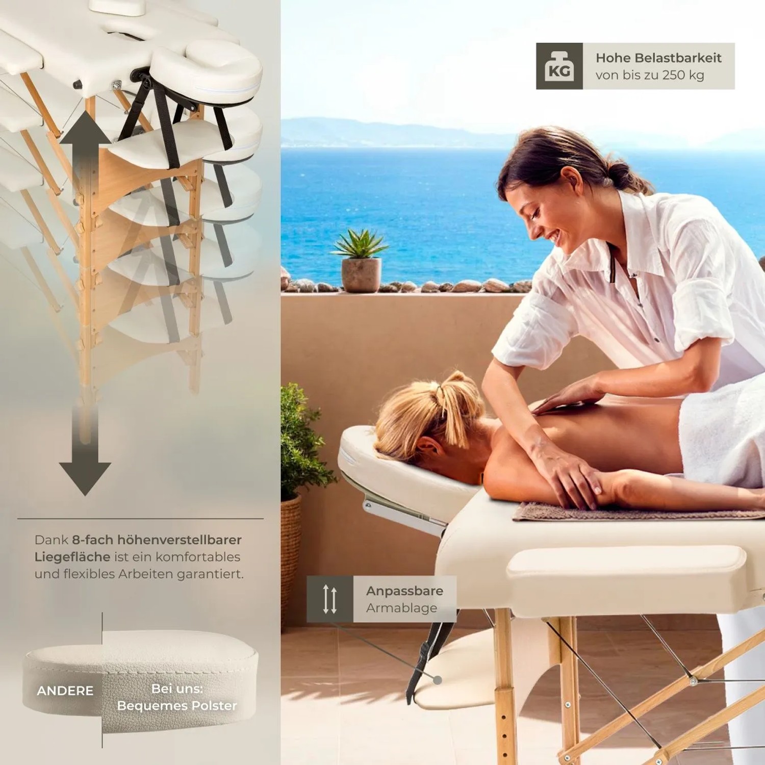 Tectake 3 Zonen Massageliege Daniel Breite 60 cm  Polsterung 5 cm Inklusive Tragetasche  185 x 60 x 62 cm Beige_4