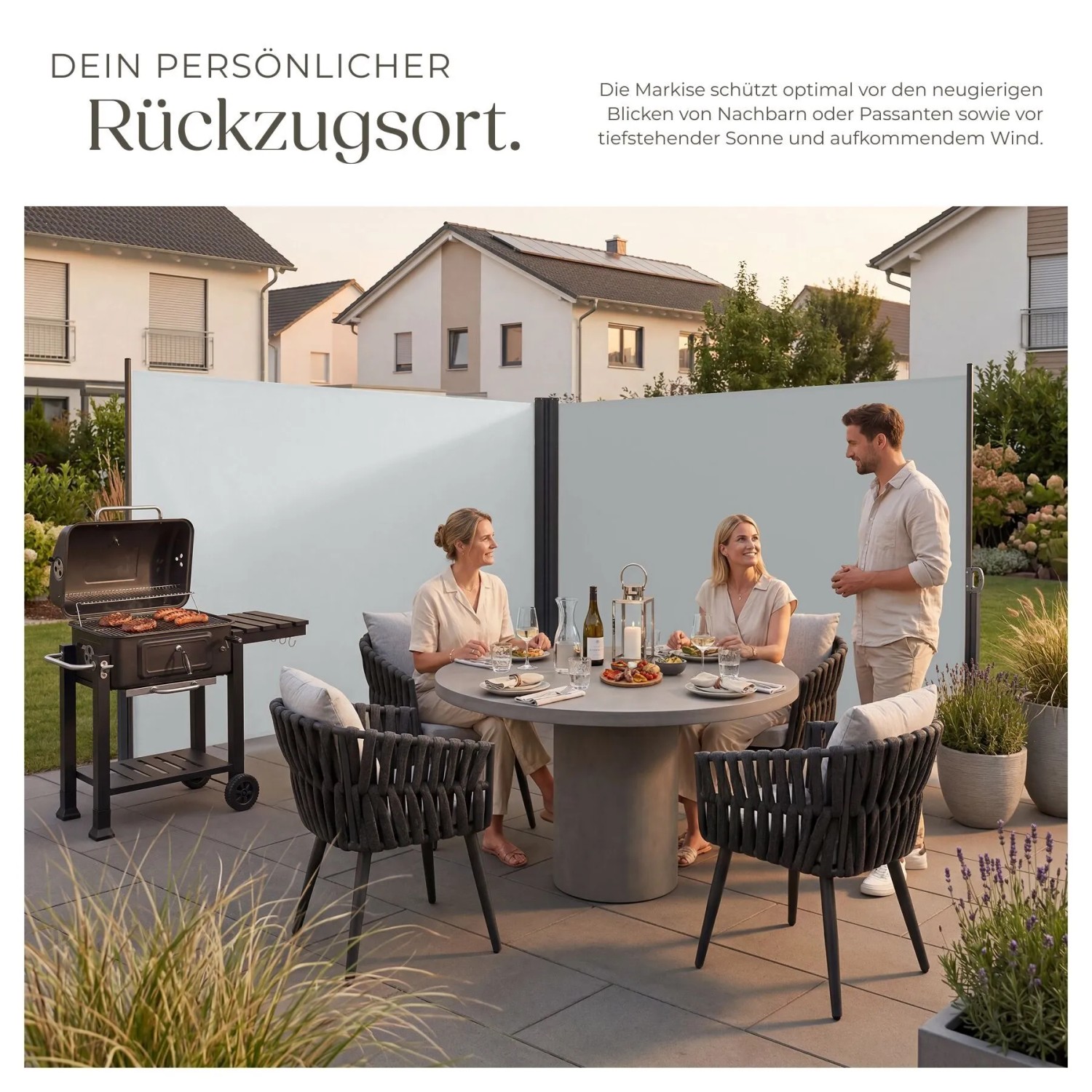 Graue Tectake Doppel Seitenmarkise auf Terrasse, bietet Privatsphäre, Sonnen- & Windschutz. Ideal für Garten & Balkon.