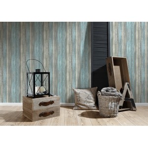 A.S. Création Vliestapete mit Holzbretter-Optik in Taupe, Beige und Blau. Dekorative Tapete für ein gemütliches Ambiente.